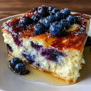 Delicious blueberry pancake casserole with buttermilk and fresh blueberries