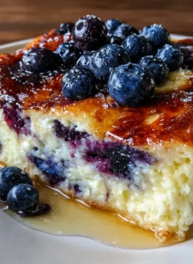Delicious blueberry pancake casserole with buttermilk and fresh blueberries