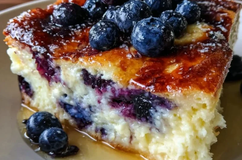 Delicious blueberry pancake casserole with buttermilk and fresh blueberries