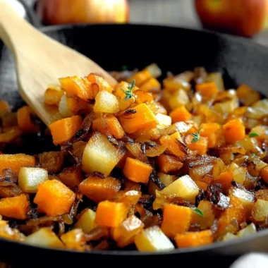 Caramelized sweet potato apple hash browns served for breakfast