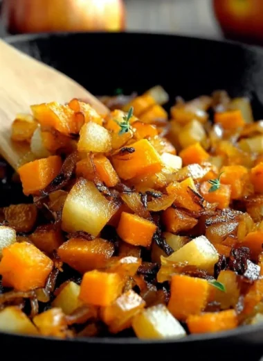 Caramelized sweet potato apple hash browns served for breakfast