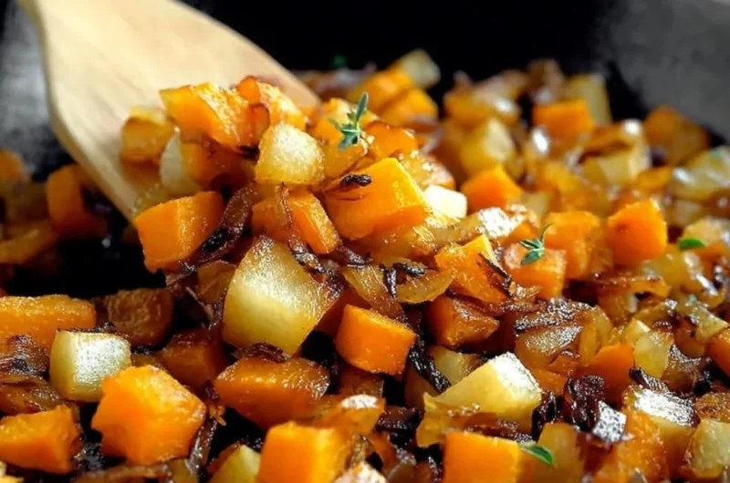 Caramelized sweet potato apple hash browns served for breakfast