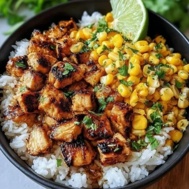 Colorful chicken and corn rice bowl with fresh vegetables