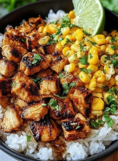 Colorful chicken and corn rice bowl with fresh vegetables