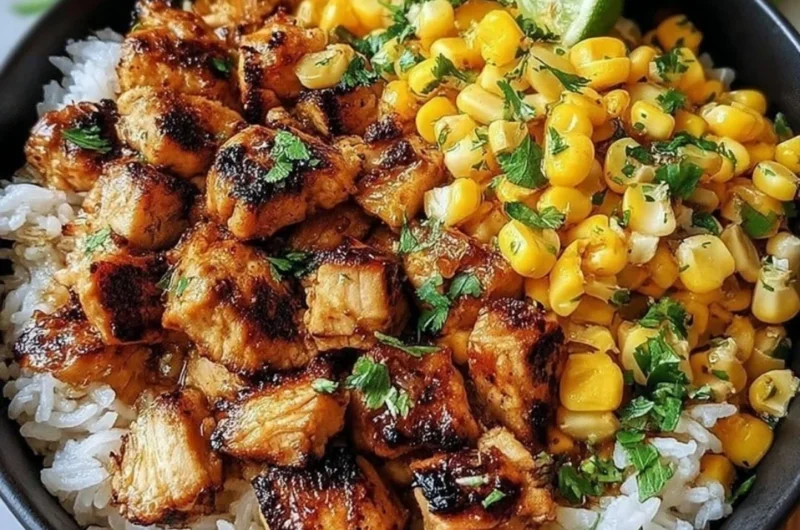 Colorful chicken and corn rice bowl with fresh vegetables