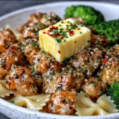Cowboy Butter Lemon Bowtie Chicken served with broccoli for a flavorful meal