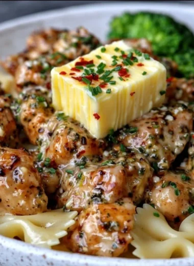 Cowboy Butter Lemon Bowtie Chicken served with broccoli for a flavorful meal