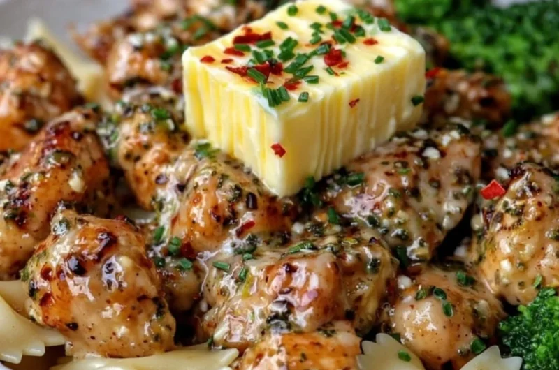 Cowboy Butter Lemon Bowtie Chicken served with broccoli for a flavorful meal
