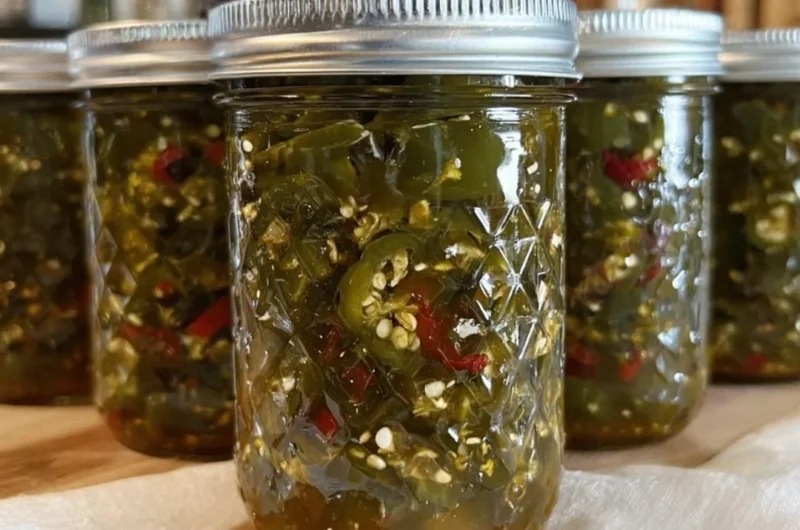 A jar of Cowboy Candy featuring sweet and spicy pickled jalapeños.