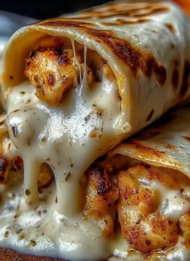 Cozy cheesy garlic chicken wraps served with fresh vegetables.