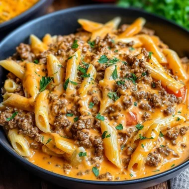 Creamy beef pasta dish with herbs and cheese served in a bowl