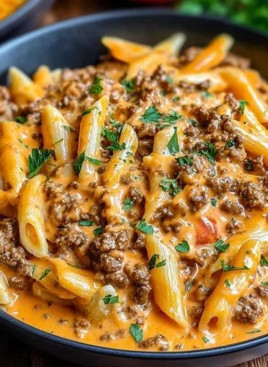 Creamy beef pasta dish with herbs and cheese served in a bowl