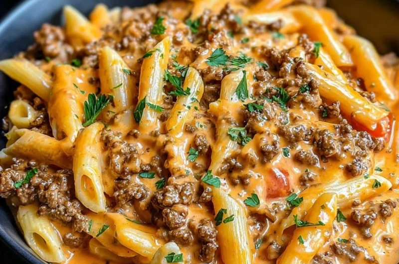Creamy beef pasta dish with herbs and cheese served in a bowl