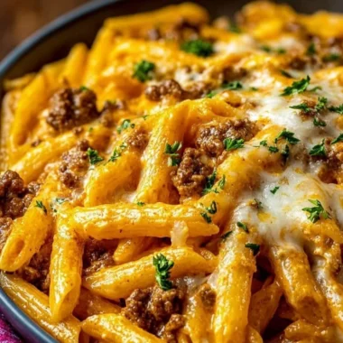 Creamy high protein beef pasta dish served with herbs and cheese