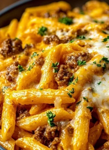 Creamy high protein beef pasta dish served with herbs and cheese