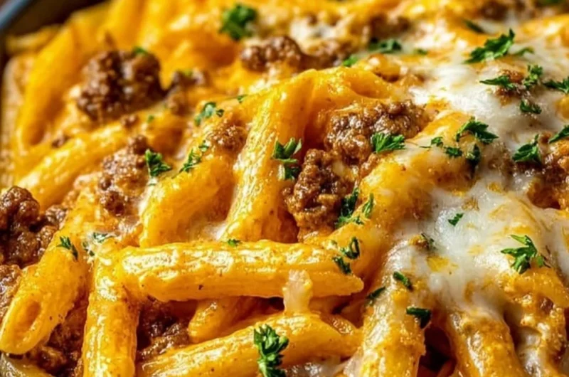 Creamy high protein beef pasta dish served with herbs and cheese