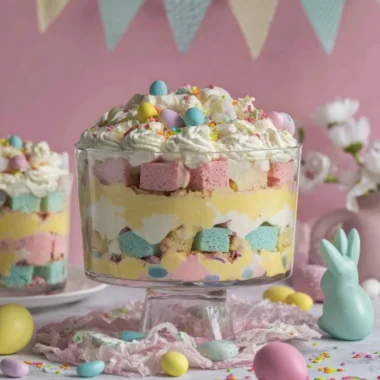 Festive Easter trifle dessert layered with cream, cake, and fruit