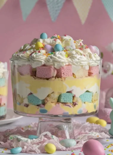 Festive Easter trifle dessert layered with cream, cake, and fruit