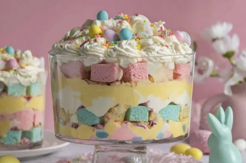 Festive Easter trifle dessert layered with cream, cake, and fruit