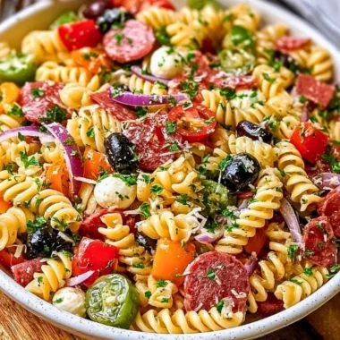 Easy Italian Pasta Salad with colorful vegetables and dressing.