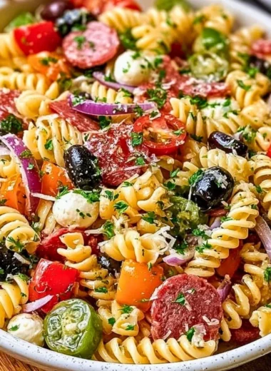 Easy Italian Pasta Salad with colorful vegetables and dressing.
