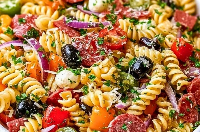 Easy Italian Pasta Salad with colorful vegetables and dressing.