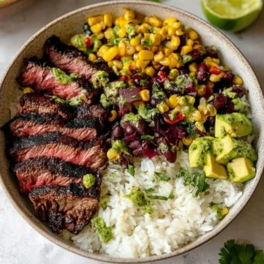 Delicious flank steak bowl with fresh vegetables and grains.