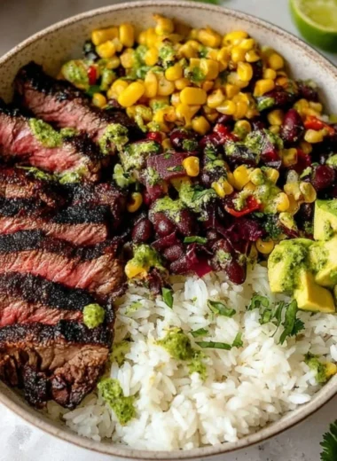 Delicious flank steak bowl with fresh vegetables and grains.