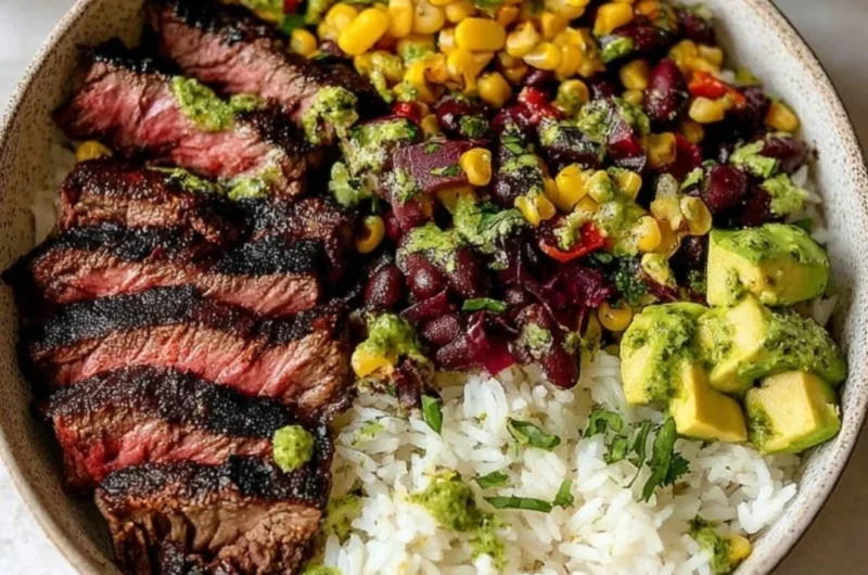 Delicious flank steak bowl with fresh vegetables and grains.
