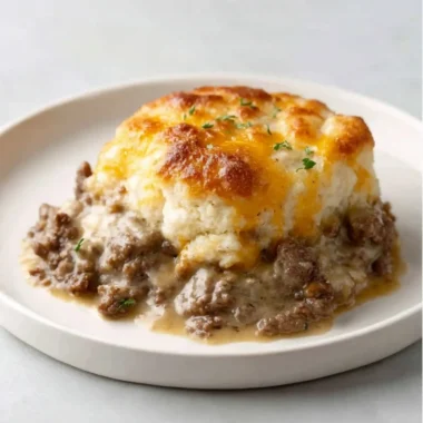 Delicious beef biscuit bake served in a casserole dish with melted cheese on top.