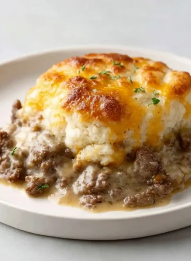 Delicious beef biscuit bake served in a casserole dish with melted cheese on top.