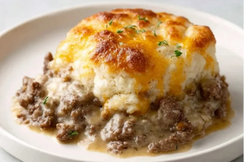 Delicious beef biscuit bake served in a casserole dish with melted cheese on top.