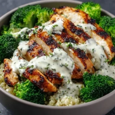 Healthy grilled chicken broccoli bowl topped with creamy garlic sauce