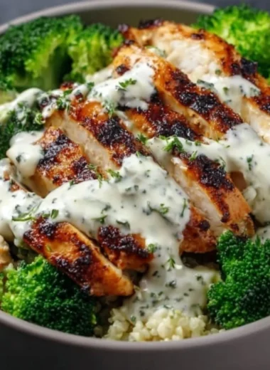 Healthy grilled chicken broccoli bowl topped with creamy garlic sauce