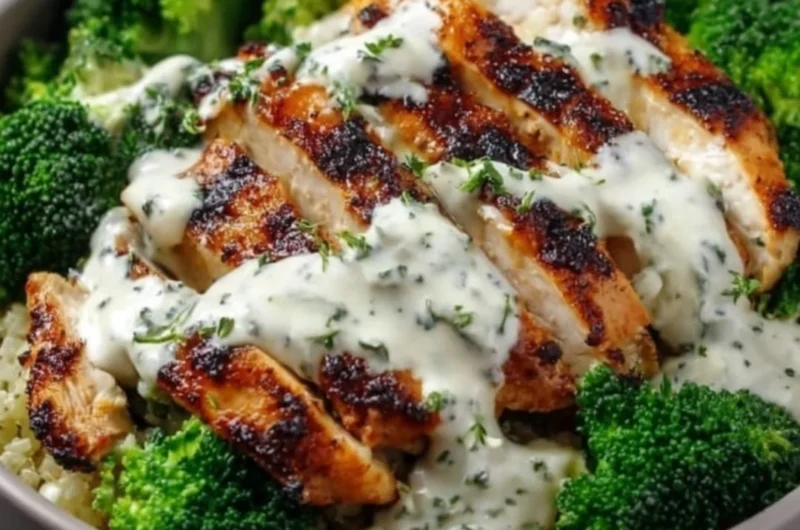 Healthy grilled chicken broccoli bowl topped with creamy garlic sauce