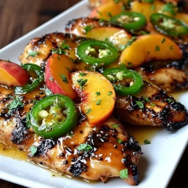 Grilled jalapeño peach chicken garnished with fresh herbs
