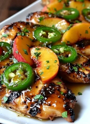 Grilled jalapeño peach chicken garnished with fresh herbs