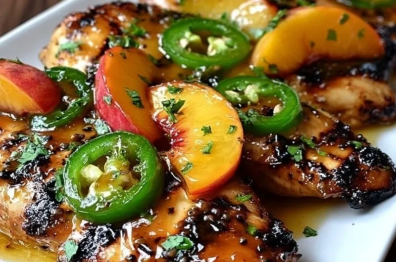 Grilled jalapeño peach chicken garnished with fresh herbs