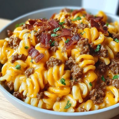 Delicious loaded bacon cheeseburger pasta topped with cheese and crispy bacon.