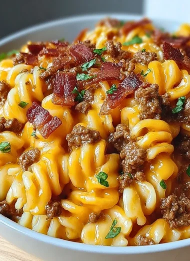 Delicious loaded bacon cheeseburger pasta topped with cheese and crispy bacon.