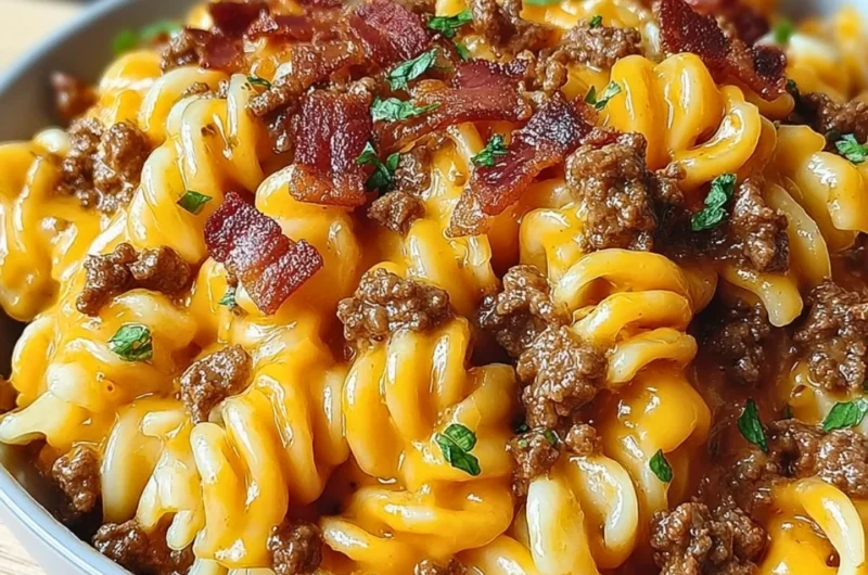 Delicious loaded bacon cheeseburger pasta topped with cheese and crispy bacon.