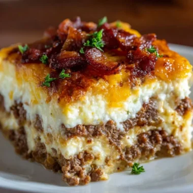 Low-Carb Bacon Cheeseburger Casserole served in a baking dish