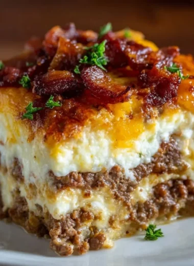 Low-Carb Bacon Cheeseburger Casserole served in a baking dish