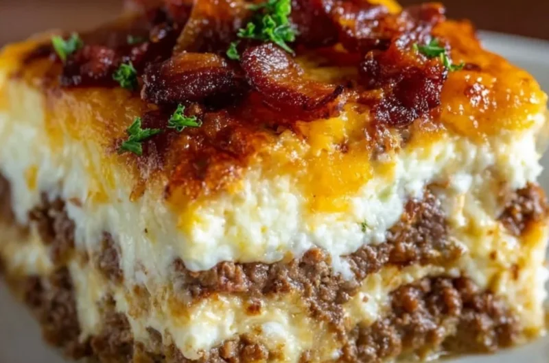 Low-Carb Bacon Cheeseburger Casserole served in a baking dish