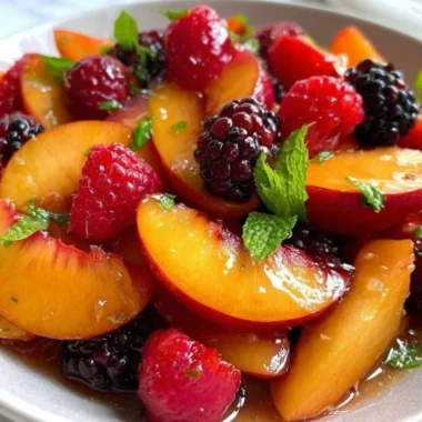 Bowl of refreshing summer peach salad with fresh fruits and greens