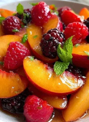 Bowl of refreshing summer peach salad with fresh fruits and greens