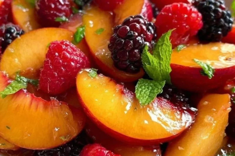Bowl of refreshing summer peach salad with fresh fruits and greens