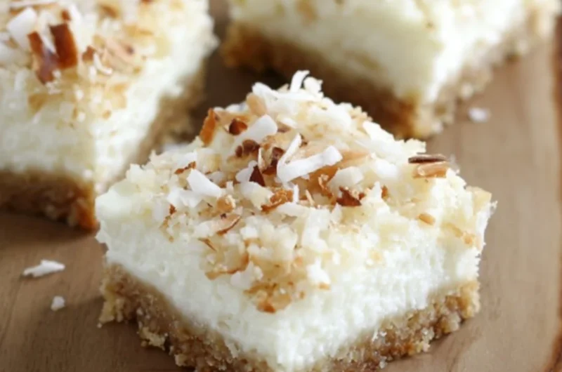 Skinny Coconut Cheesecake Bars topped with shredded coconut