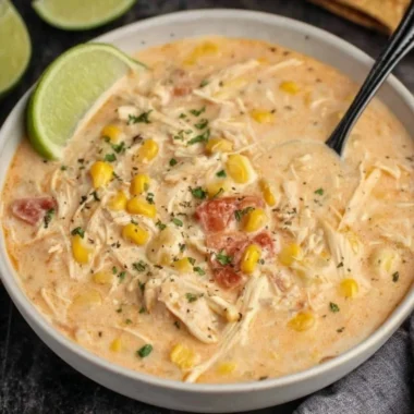 Bowl of Slow Cooker Mexican Chicken Corn Chowder topped with cilantro and lime