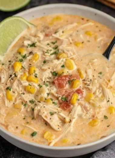 Bowl of Slow Cooker Mexican Chicken Corn Chowder topped with cilantro and lime